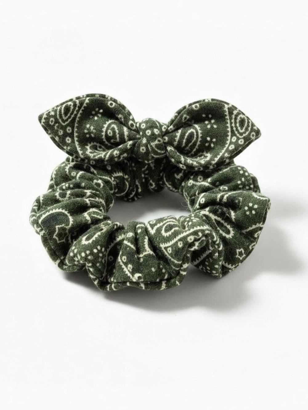 Paisley Bow Scrunchie in Green & White Like New